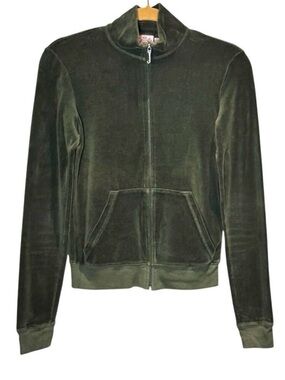 Vintage 2YK Juicy Couture Velour Jacket Sz M Olive Green Full Zip Pocket